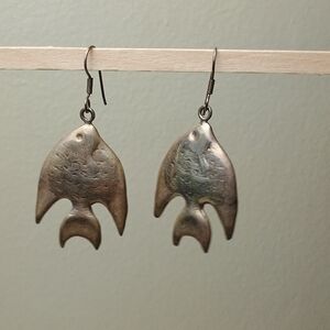 Vintage Fish-Shaped Drop Earrings in Tarnished Silver Tone
